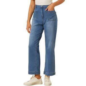 High Waisted Straight Leg Jeans Buttoned Loose Denim Pants Blue